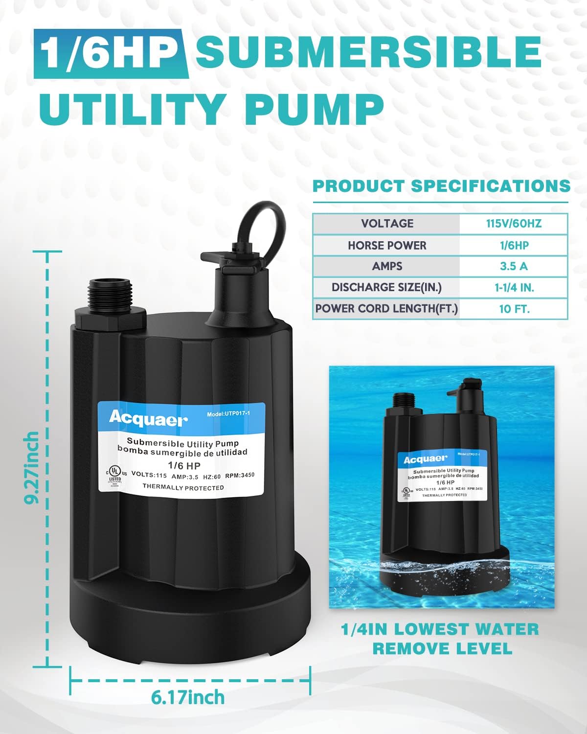 Acquaer Submersible Water Pump 1/6 HP Sump Pump Thermoplastic Utility Pump Small Electric Water Pump 1750GPH Water Remove for Basement Hot Tubs Garden Pool Cover Draining with 10 ft Cord Pack of 2