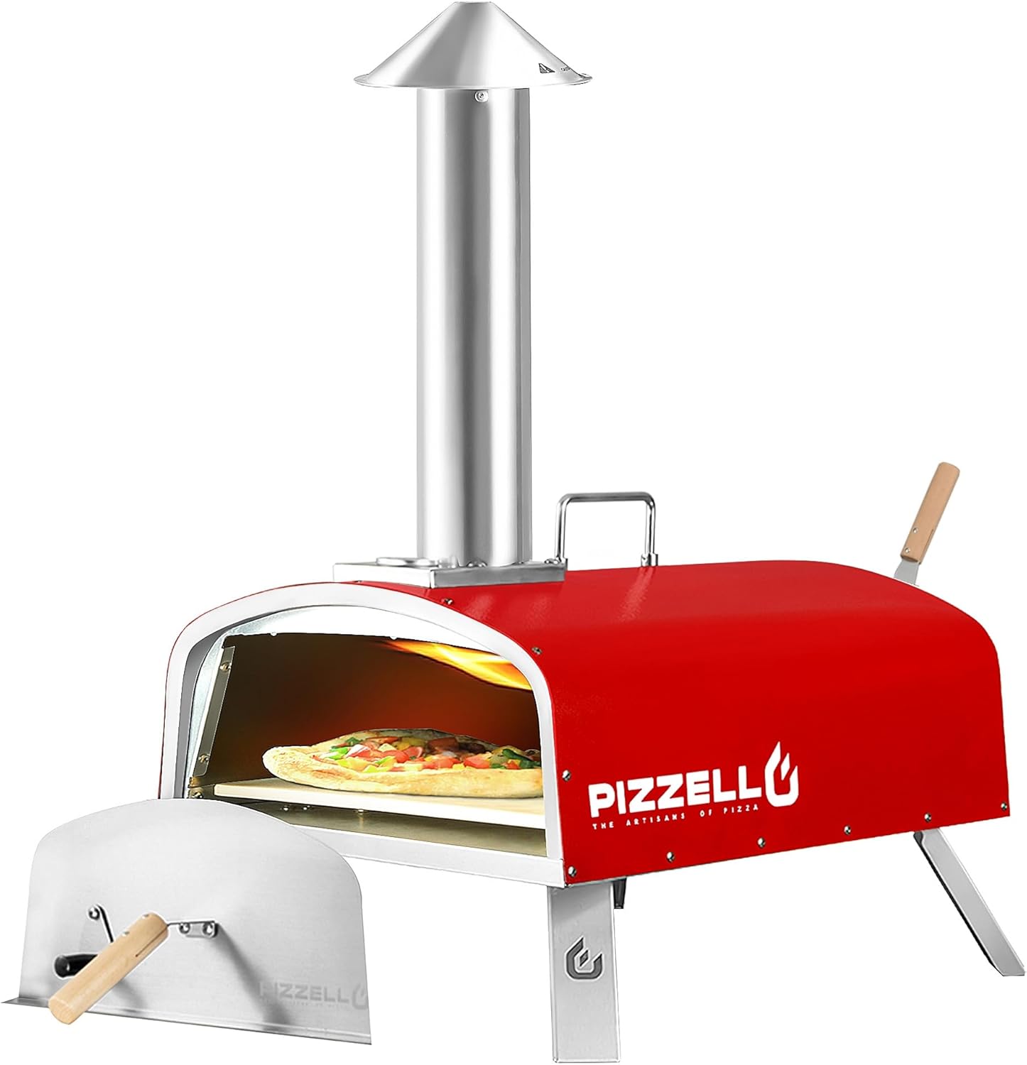 16" Outdoor Pizza Oven Propane and Wood Fired Multi-fuel Large Stainless Steel Pizza Grill with Gas Burner, Wood Tray Pizza Stone, Pizza Peel, Carry Bag (Red)