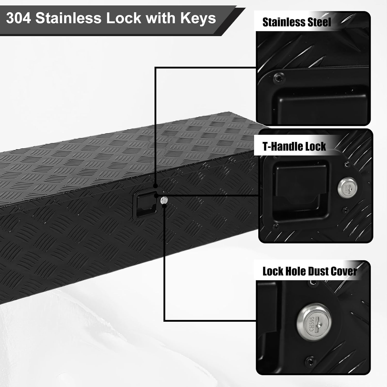 39" Heavy Duty Aluminum Stripes Plated Tool Box Pick Up Truck Bed RV Trailer Toolbox Storage Organizer with Side Handle, Lock and Keys - Black,ALL Black