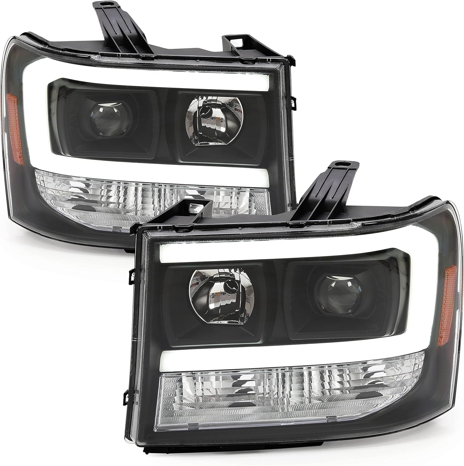 HECASA LED Projector Headlights Compatible with 2007-2014 GMC Sierra 1500 2500HD 3500HD LED Tube Bar Replacement for GM2502283 GM2503283 Headlamps Assembly Clear Lens Black Housing
