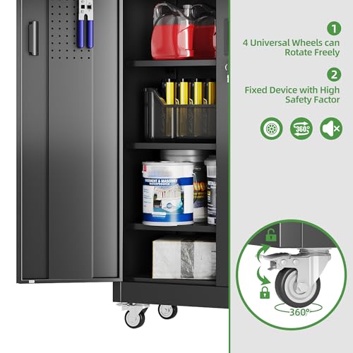 73" H Metal Storage Cabinet with Wheels, Garage Storage Cabinet with 4 Adjustable Shelves and Lockable Doors for Garage Home Office Utility Room,Required Assembly,Black