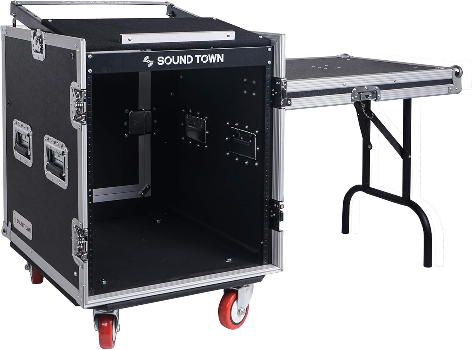 Sound Town 14U PA DJ Rack/Road ATA Case with 11U Slant Mixer Top, 20���� Rackable Depth, DJ Work Table and Casters, 14 Space Size, Pro Tour Grade (STMR-14UWT)