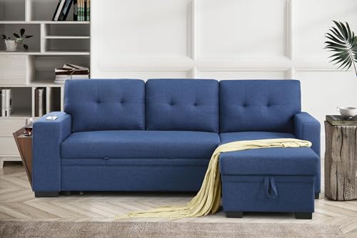 Convertible L Shaped Couch with Pull Out Bed and Storage Chaise,Sectional Sleeper Sofa with Side Open Cup Holder and USB Port, Linen Fabric Furniture for Living Room, Apartment, 92", Blue