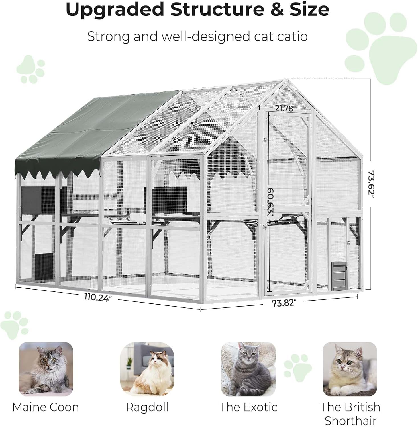 Large Catio Outdoor Cat Enclosure Large for Multiple Cats, Wooden Outside Cat House with Waterproof Cover, Bridges, Walks(111''L×74''W× 72''H)