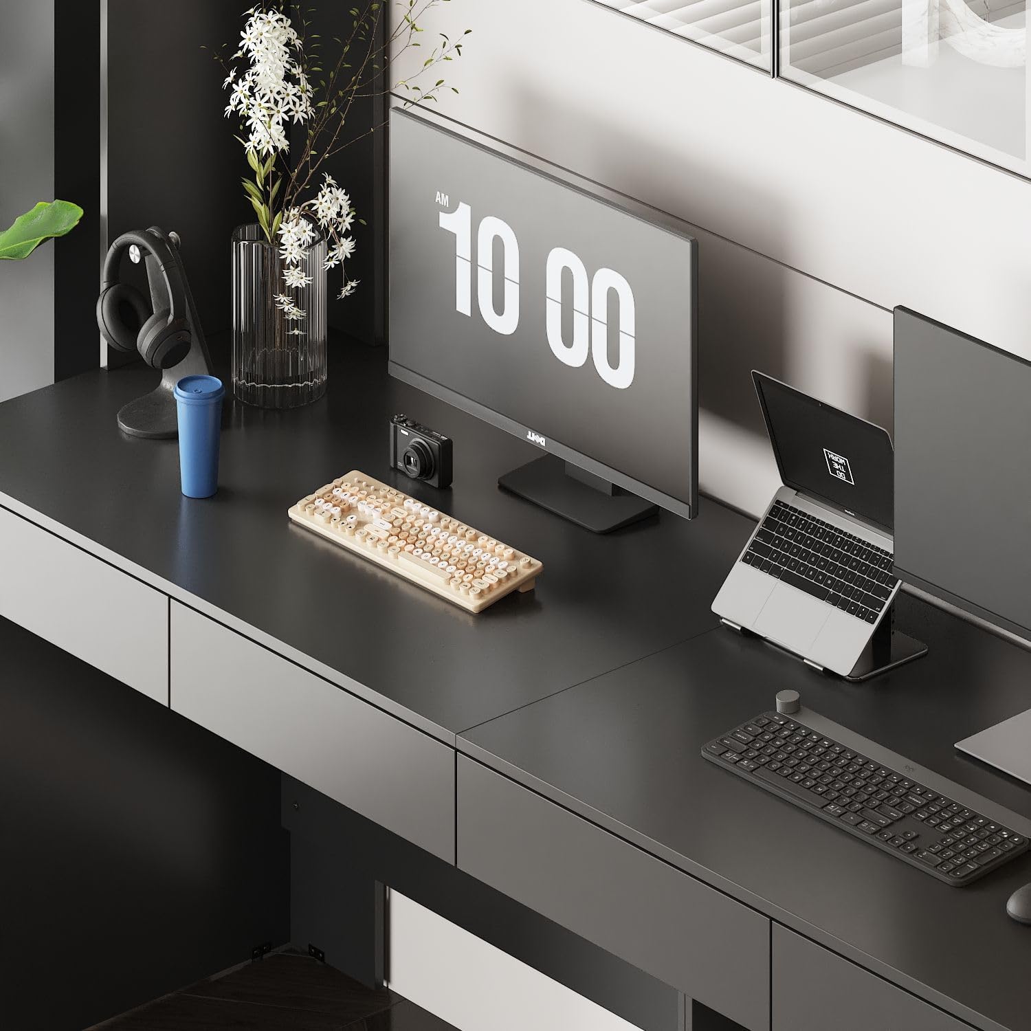 MOUMON Large Office Desk Executive Desk with Glass Doors & Lights, 2-Person Office Desk with 4 Drawers, 78.3 inch Desktop, Double Desk for Home Office Black (78.7”W x 23.6“D x 78.3”H)