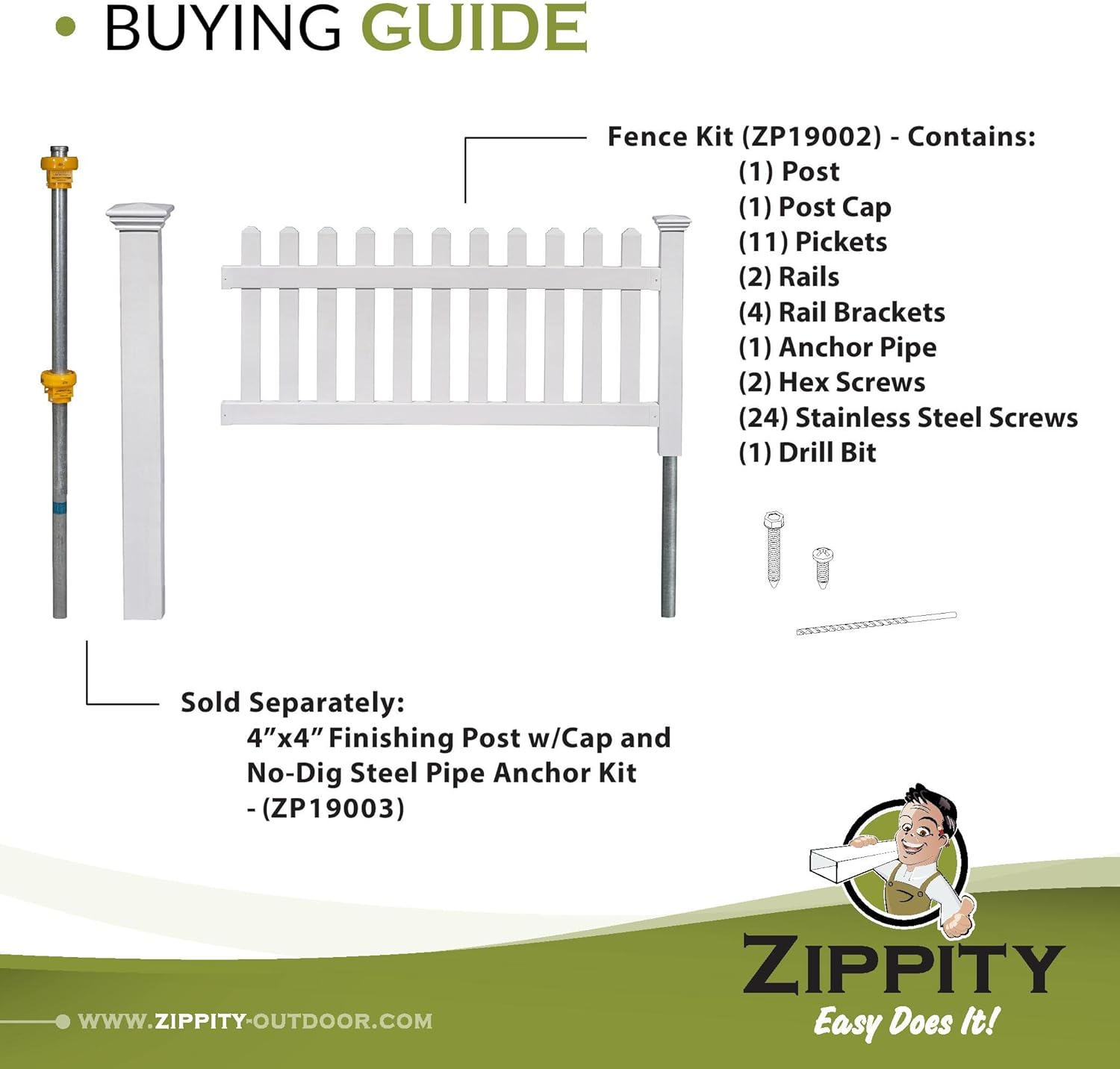 Zippity 5.5' x 3' Davidson Hinged Portable Vinyl Fence Kit and 36" x 72" Newport No-Dig White Picket Fence Panel