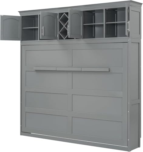 MERITLINE Queen Horizontal Murphy Bed Cabinet with Storage Bookcase Shelves and Charging Station,Wood Folding Grey Murphy Wall Bed for Adult