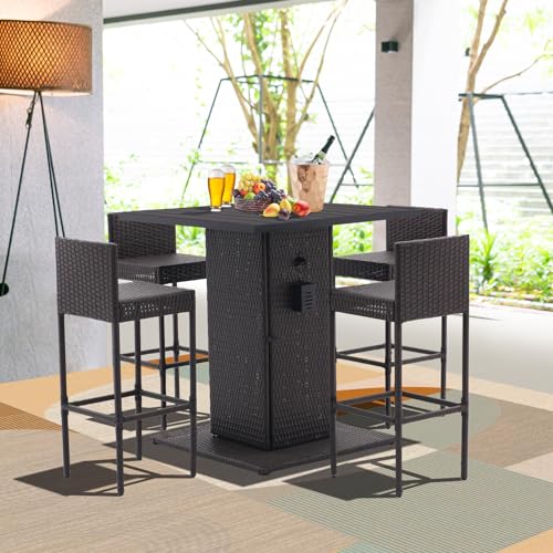 Patio Bar Set 5-Piece Outdoor Wicker Bar Set, Wicker Bar Table with Built-in Bottle Opener, Hidden Storage Shelf and 4 Stools for Outside Backyards Porches Gardens Poolside (Grey)