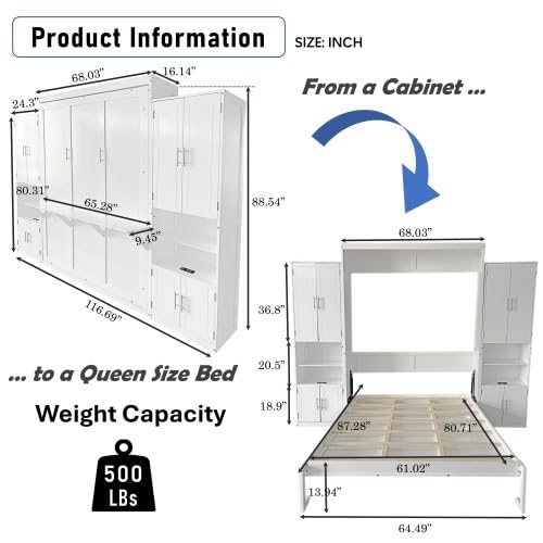 Queen Size Murphy Bed Wall Bed with 2 Side Cabinet Storage Shelf & Desk Combo,68-inch Vertical Wall Bedframe w/Can Be Folded for Bedroom Guest Room Small Space, White