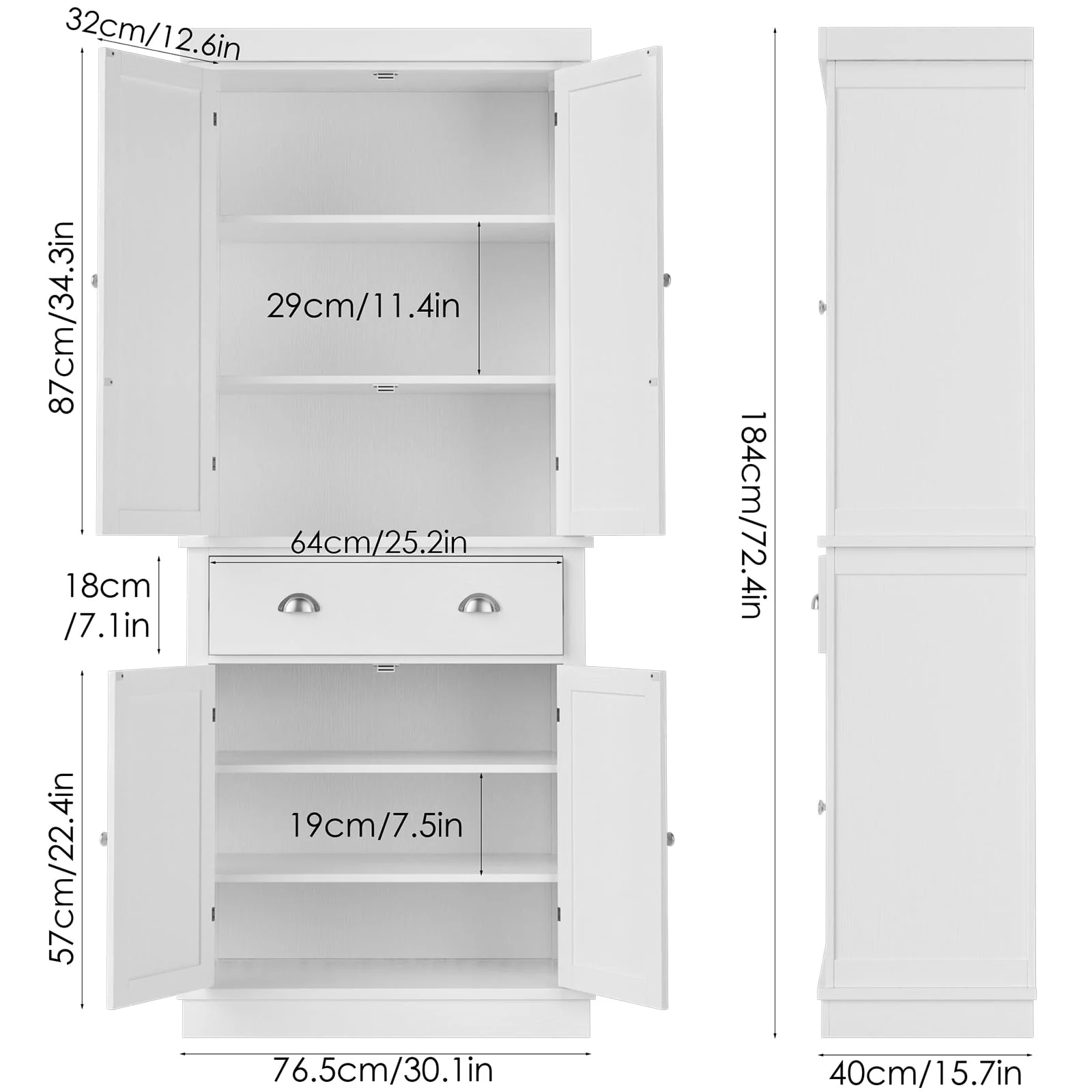 Homfa 72.4'' Tall Kitchen Pantry with 4 Doors, Large Drawer Shelves Wood Storage Cabinet for Dining Room Living Room, White