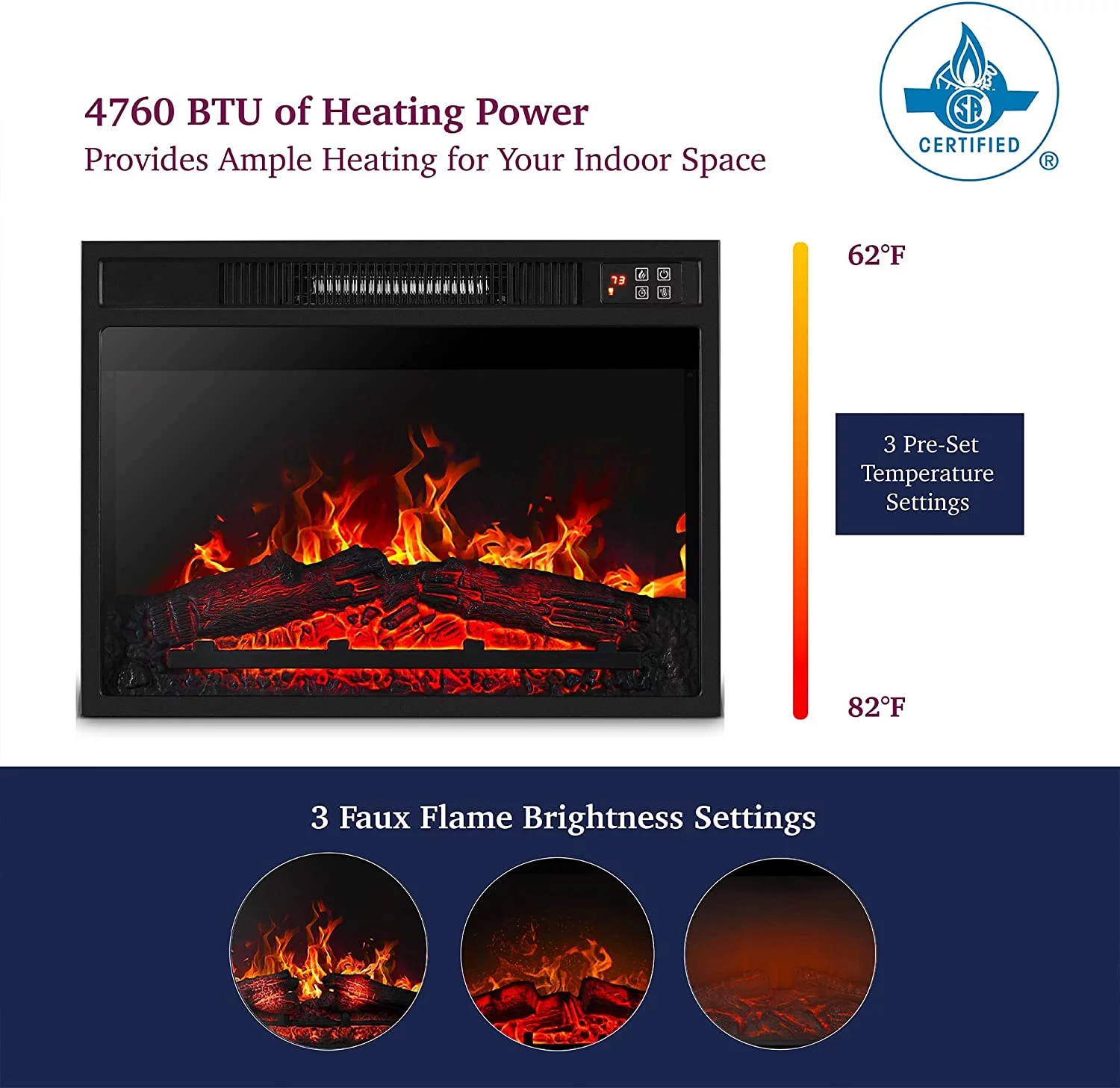 LGHM Fireplace TV Stand, Entertainment Center for 65 inch TV with 23" Electric Fireplace for Living Room, Dark Oak