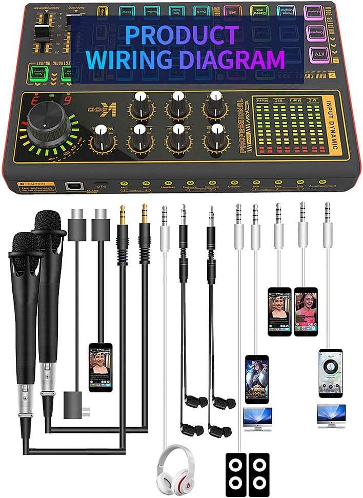 Professional Audio Mixer, K300 Live Sound Card and Audio Interface Sound Board with Multiple DJ Mixer Effects,Voice Changer and LED Light, Prefect for Streaming/Podcasting/Gaming/Recording/YouTube/PC Pack of 2