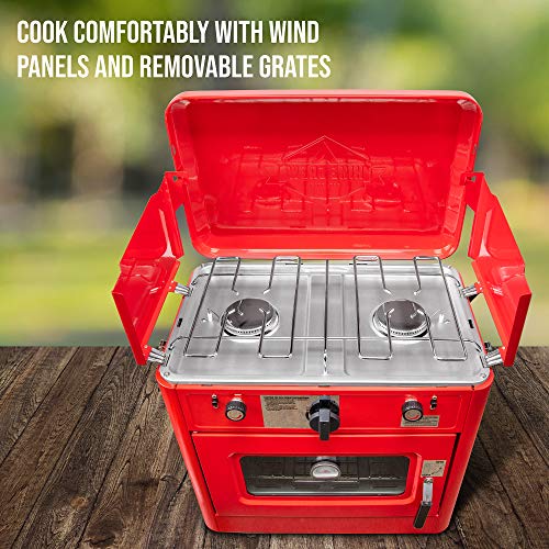 Hike Crew Outdoor Gas Camping Oven w/Carry Bag | CSA Approved Portable Propane-Powered 2-Burner Stove & Oven | Auto Ignition, Overheat Safety Shutoff, Built-In Thermometer | Hose & Regulator Included