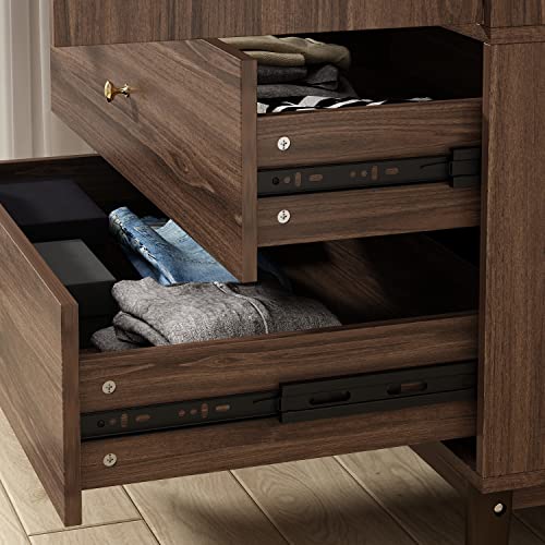 Homsee Wardrobe Armoire with 2 Doors, 2 Drawers, Hanging Rod & 2 Compartments, Wooden Closet Storage Cabinet with Gold Handles for Bedroom, Brown (31.5”L x 19.1”W x 71.1”H)