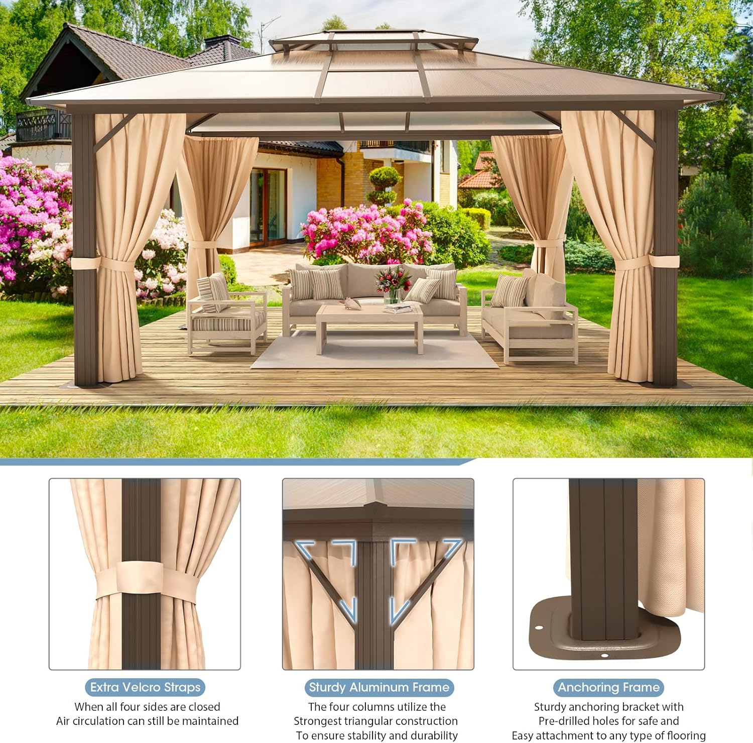 Aoxun 10x12FT Hardtop Gazebo, Aluminum Frame Permanent Pavilion with Curtains and Netting, Outdoor Polycarbonate Gazebo, Double Roof Canopy, for Gardens, Patios, Lawns
