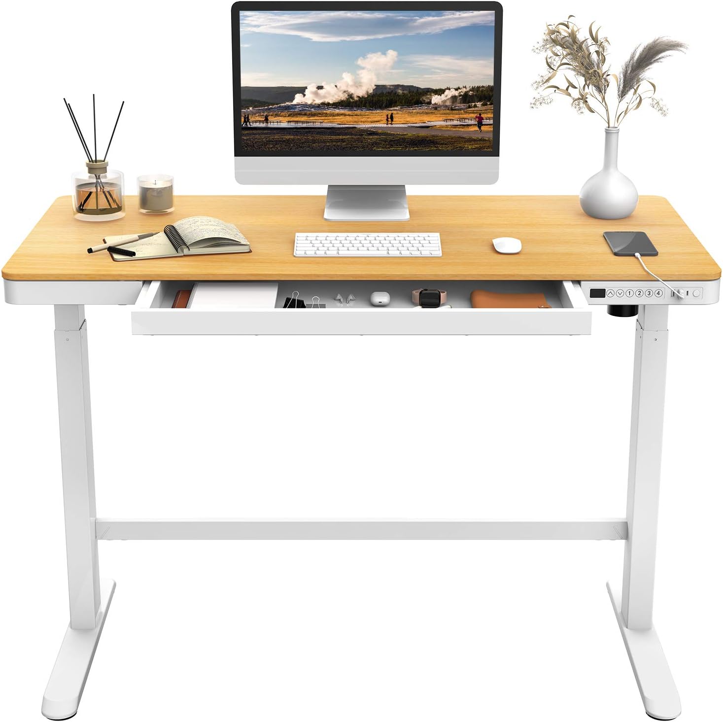 FLEXISPOT EW8 Electric Height Adjustable Standing Desk with Drawers 48 Inches Red Oak Desktop and Adjustable White Frame Quick Install Computer Workstation (USB Charging Ports, Memory Controller)