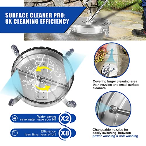 Pressure Washer Surface Cleaner 22'', 4500PSI Stainless Steel Surface Cleaner Attachment with Wheels, Power Washer Accessory for Driveway Sidewalk Curb Deck Patio Cleaning, 3/8'' Quick-Connect