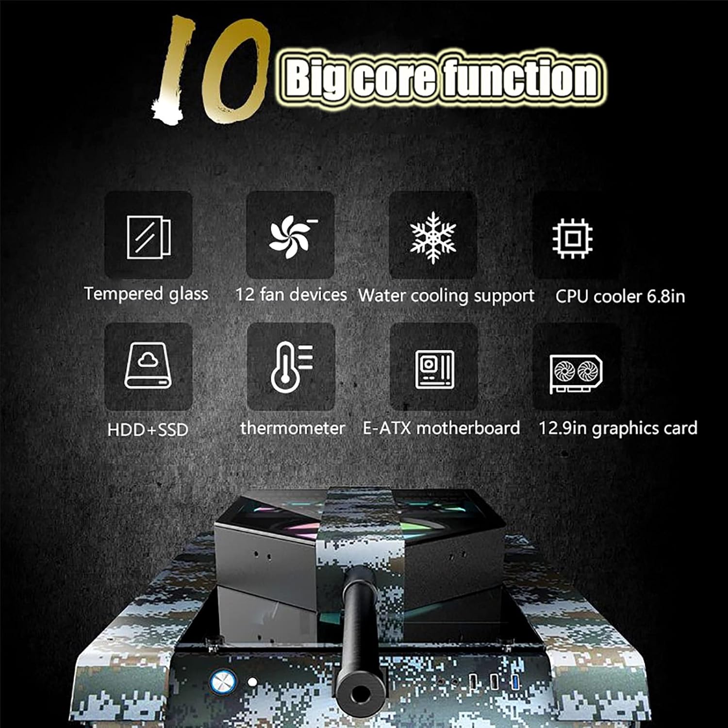 EEKBNEJQ Tank Computer Case Gaming Tank Pc case Mid-Tower ATX Case,E-Sports Game Chassis, Supports E-ATX ATX M-ATX MIN-ATX Size Motherboard, Supports air-Cooled and Water-Cooled Heat Dissipation