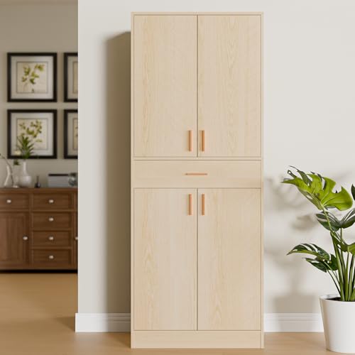 Cozy Castle Kitchen Pantry Storage Cabinet 71" Tall 4 Doors Wood Freestanding Cupboard with Sliding Drawer and 2 Adjustable Shelves for Dining Room Living Room, Laundry, Bathroom, Oak