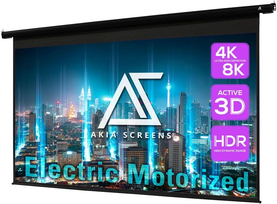 Akia Screens 125 inch Motorized Electric Remote Controlled Drop Down Projector Screen 16:9 8K 4K HD 3D Retractable Ceiling Wall Mount Black Projection Screen Office Home Theater Movie AK-MOTORIZE125H