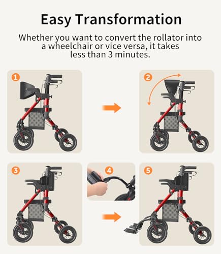 Walkers for Seniors, Rollator Walker with Seat, Transport Wheelchair Lightweight Foldable, Adult Rolling Walker, Rollator Transport Chair with Brakes, 2 in 1 Walker Wheelchair Combo Z51-2024 New