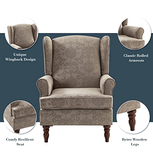 HULALA HOME Wingback Accent Chairs Set of 2 with Retro Wood Legs, Traditional Fabric Armchairs for Bedroom Living Room, Comfy Upholstered Sofa Chairs Reading Chairs with Unique Pattern Design, Brocade