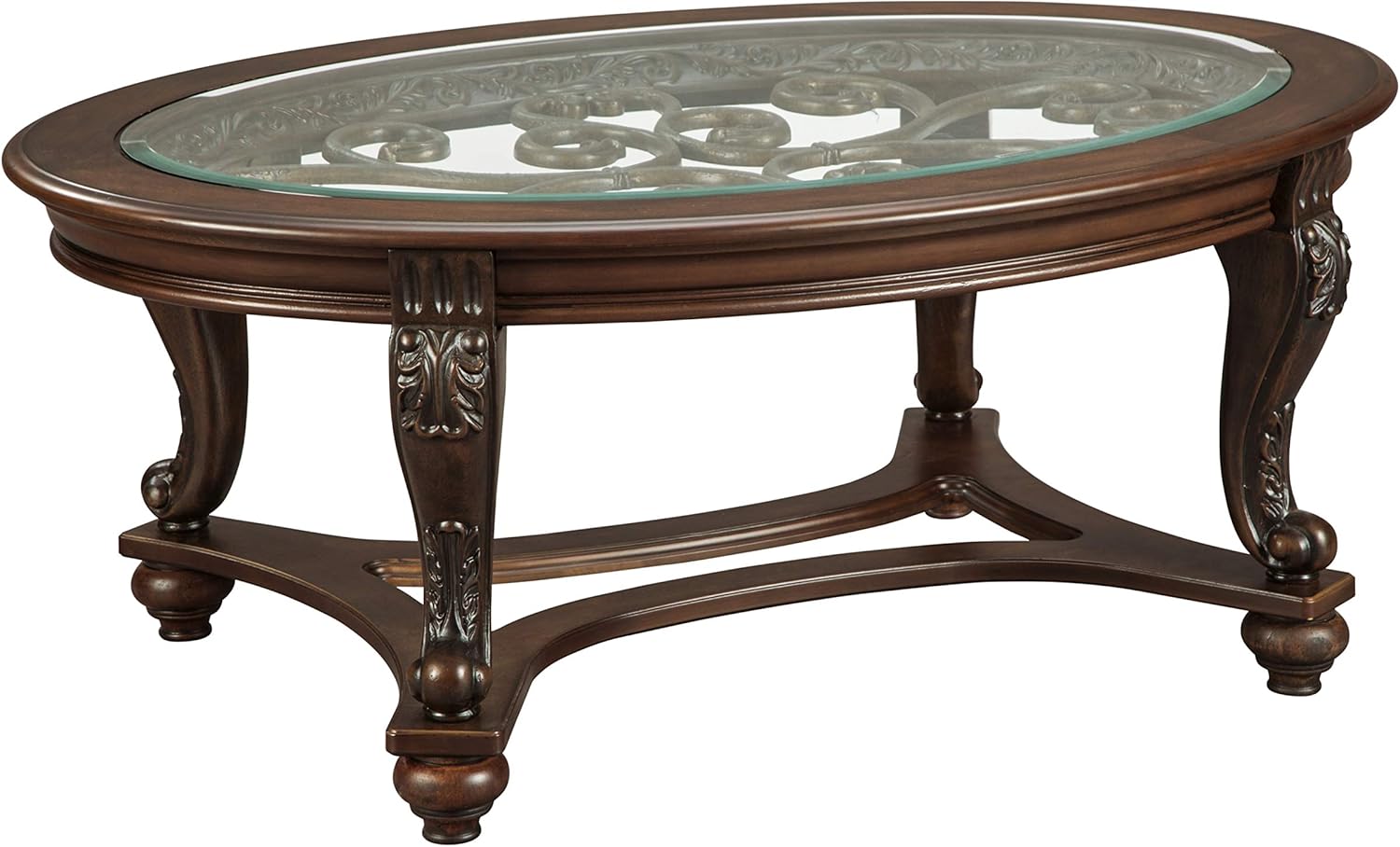 Signature Design by Ashley Norcastle Traditional Half Moon Sofa Table with Beveled Glass Top and Scrollwork Legs, Dark Brown