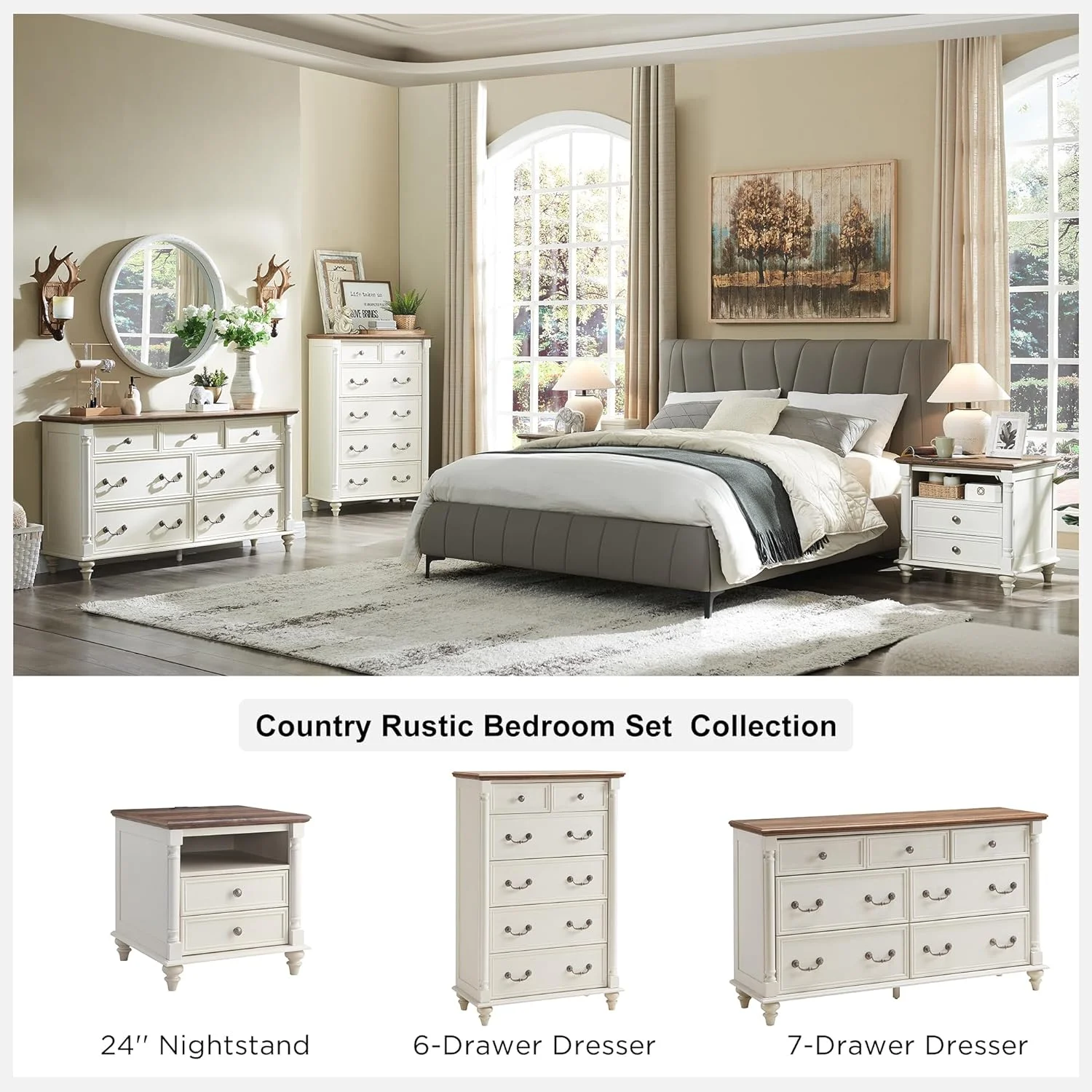 OKD Farmhouse Dresser Chests of 6 Drawers for Bedroom,Dresser Storage Organizer for Living Room, Antique White
