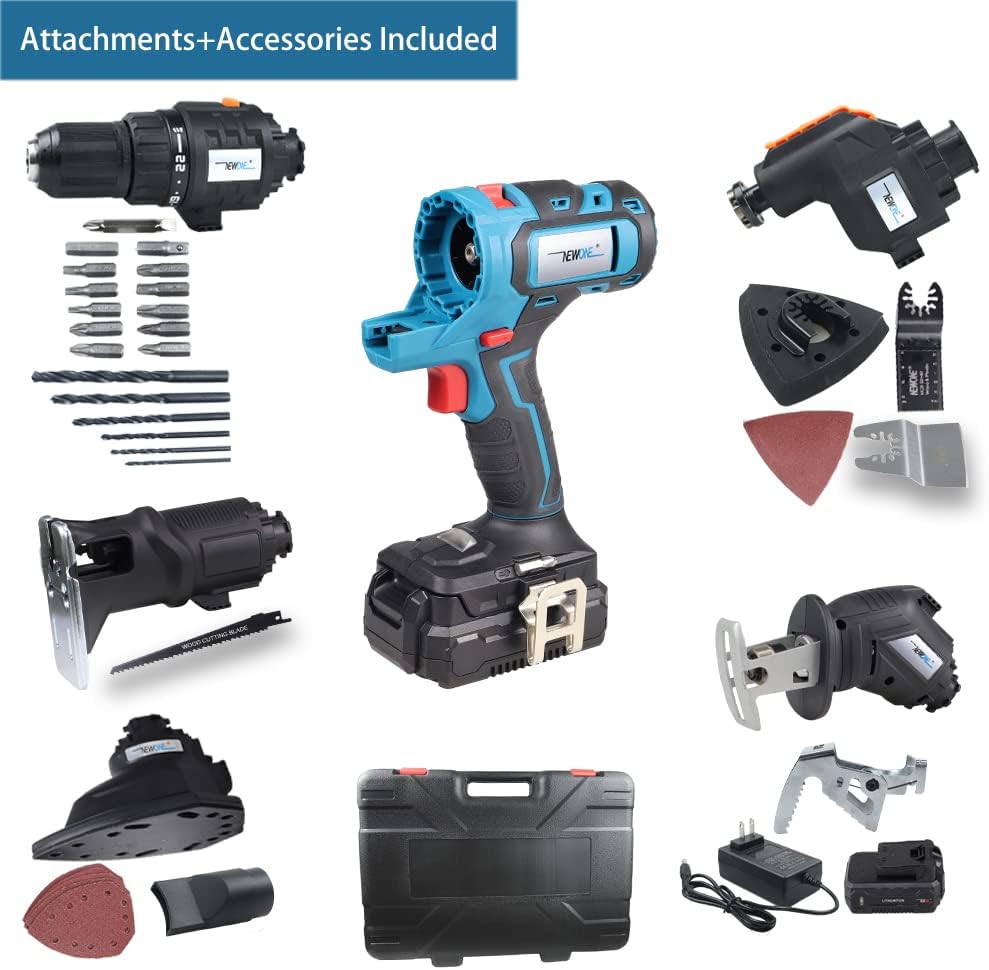 NEWONE 20V MAX Power Tool Combo Kits with Case, 4-Tool Attachments Drill, Reciprocating saw, Oscillating tool, Sander With Accessoreis For Cutting, Scraping, Moving, Drilling and Sanding