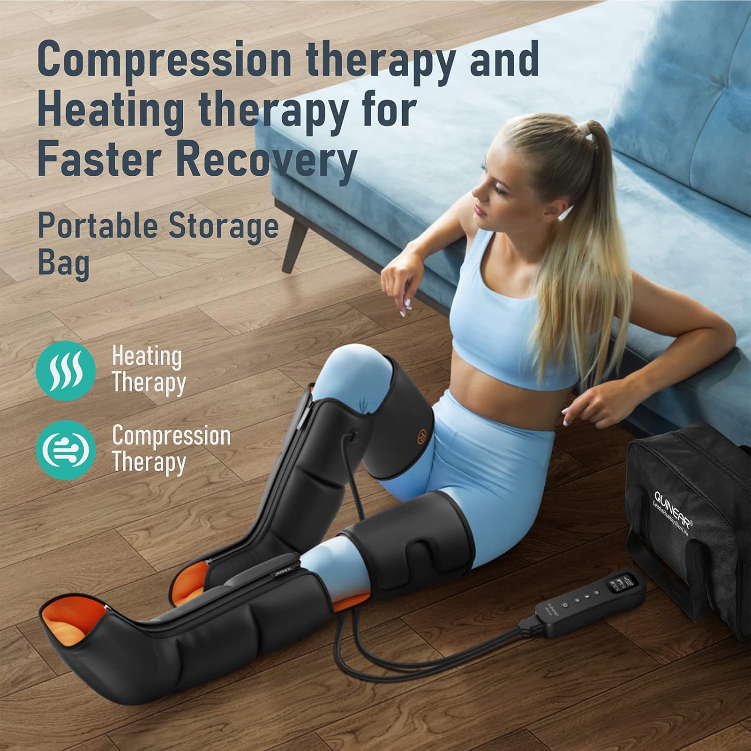 QUINEAR Leg Massager, 3-in-1 Foot Calf & Thigh Massager with Heat and Compression - 3 Modes 3 Intensities Compression Therapy, 3 Heating Therapy for Leg Circulation, Wollen Legs, Edema, RLS