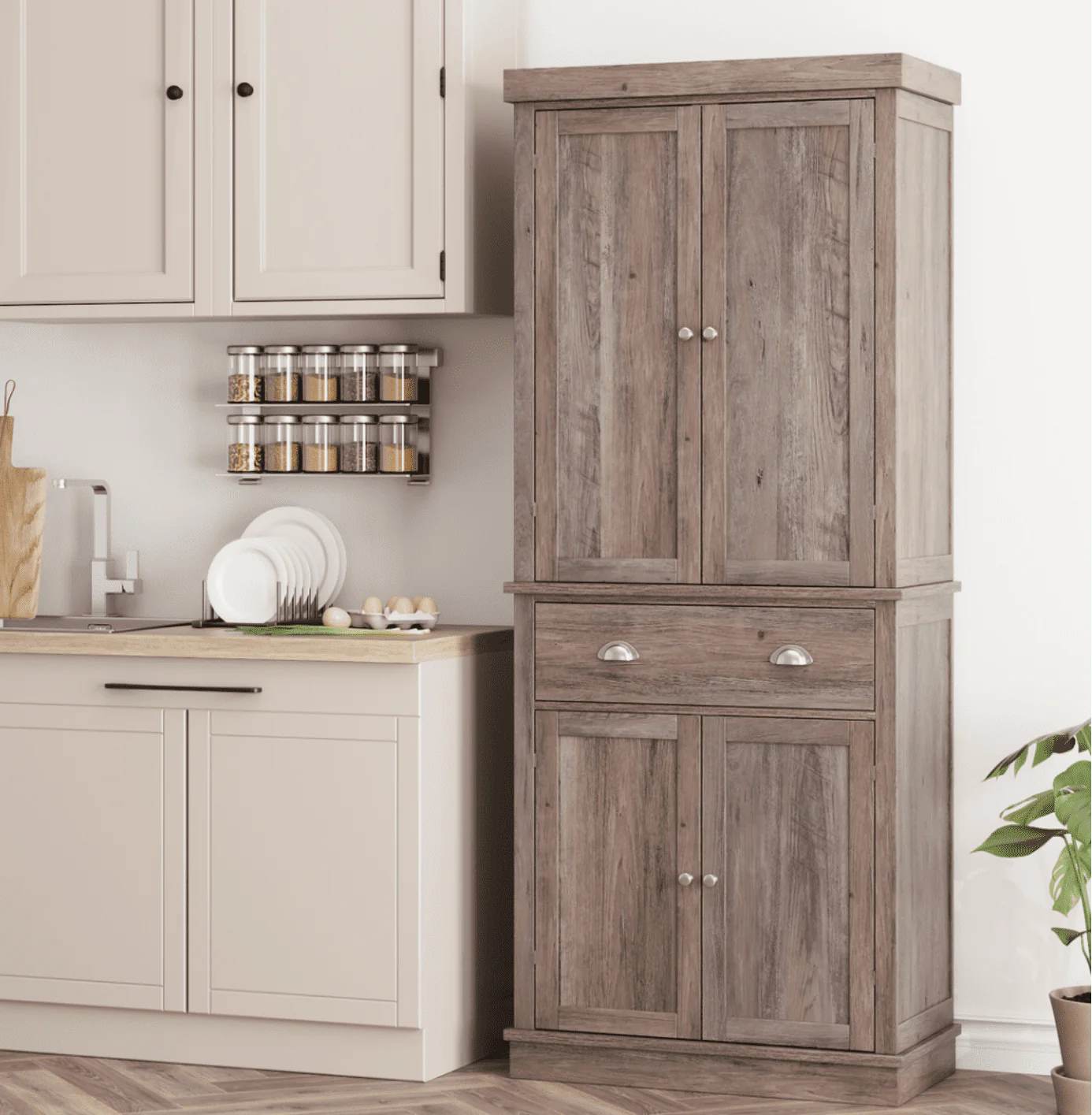 Homfa 72.4'' Tall Kitchen Pantry with 4 Doors, Large Drawer Shelves Wood Storage Cabinet for Dining Room Living Room, White