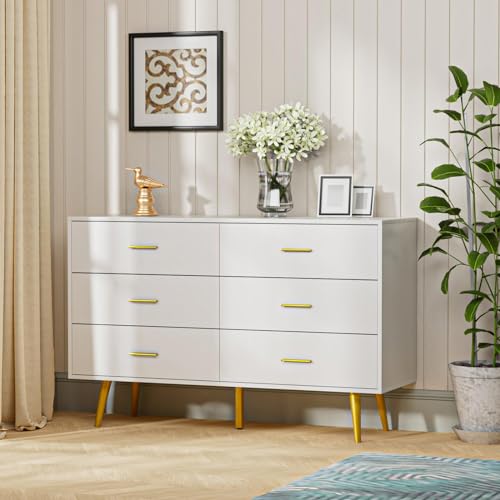 CARPETNAL White Dresser for Bedroom, 6 Drawer Dresser with Wide Drawers and Gold Metal Handles, Wood Dressers & Chest of Hallway, Entryway.