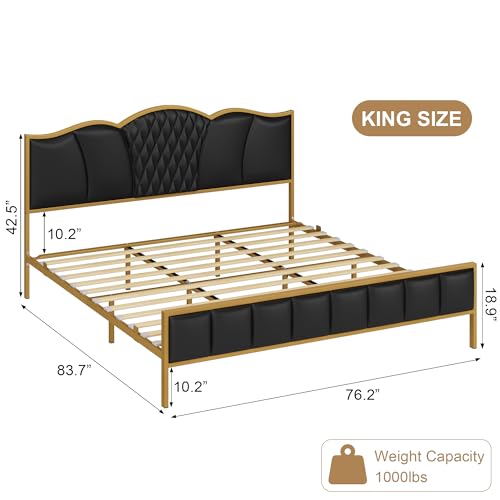 Bed Frame, King Bed Frame and Headboard, Platform Bed, Faux Leather, Metal Frame, Tufted Modern No Box Spring Needed, Strong Wooden Slats, Gold and Black