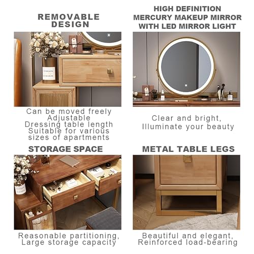 Wooden Makeup Desk for Bedroom Dressing Room Vanity Desk with Mirror and Lights 3 Lighting Color Adjustable Vanity with Drawers with Cushioned Stool for Women Girls Dressing Room.