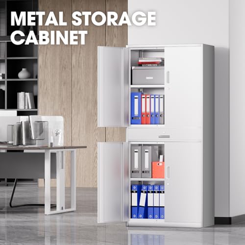 DNA MOTORING 71'' Metal Storage Cabinet, Locking Tool Cabinet with 1 Drawer and Adjustable Shelves, Lockable Heavy Duty Metal Locker for Garage,Office,Home,Gym, Gray, TOOLS-00629-GY-GY-A