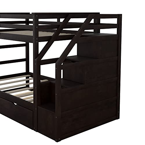 Twin-Over-Twin Bunk Bed with Trundle,Bunk Beds with Storage Stairs,Wood Bunk Bedframe for Kids, Teens, Adults, No Box Spring Needed(White)