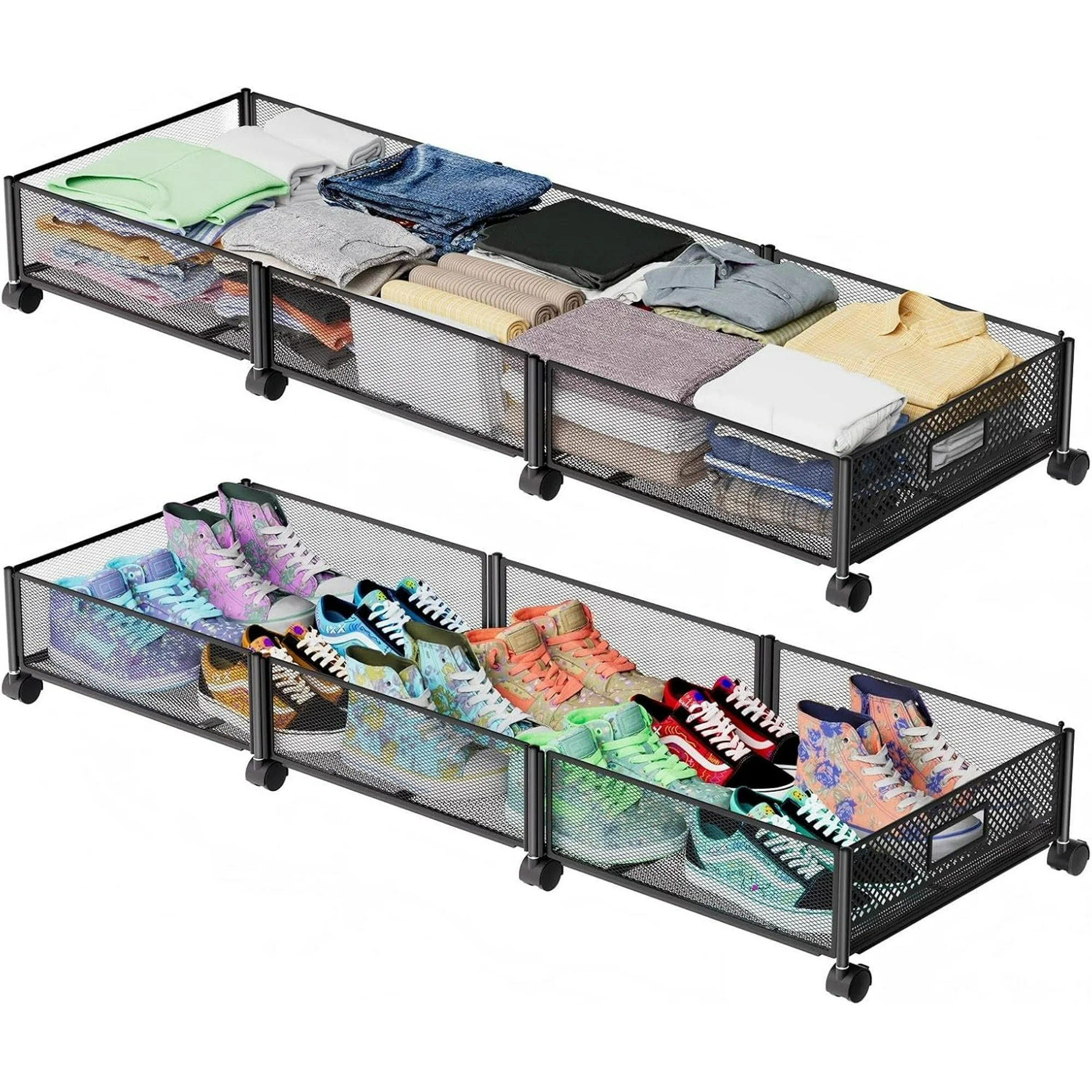 47.2'' Long Under Bed Storage on Wheels, 57.6L Large Capacity Rolling Under the Bed Storage Containers, Tool-Free Assembly Foldable Underbed Shoes Clothes Toy Drawers