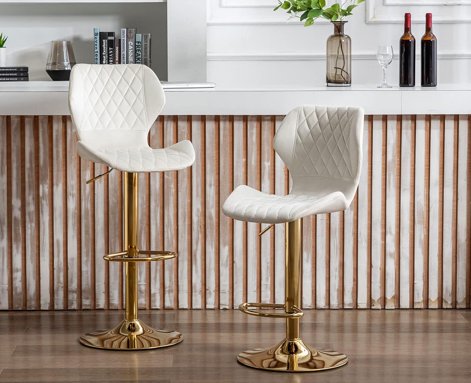 Lei Yu Adjustable Bar Stools Set of 4 Modern Velvet Swivel Bar Stools with Gold Stable Metal Frame Padded Island Chairs with Back and Footrest for Kitchen Island/Living Room/Pub/Coffee/Shop, Cream
