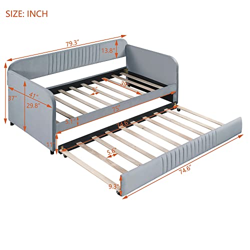 Upholstered Twin Size Daybed with 2 Storage Drawers,Upholstered Day Bed Frame Velvet Sofa Beds with Vertical Channel Tufted Headboard w/Wood Slat Support,No Box Spring Needed