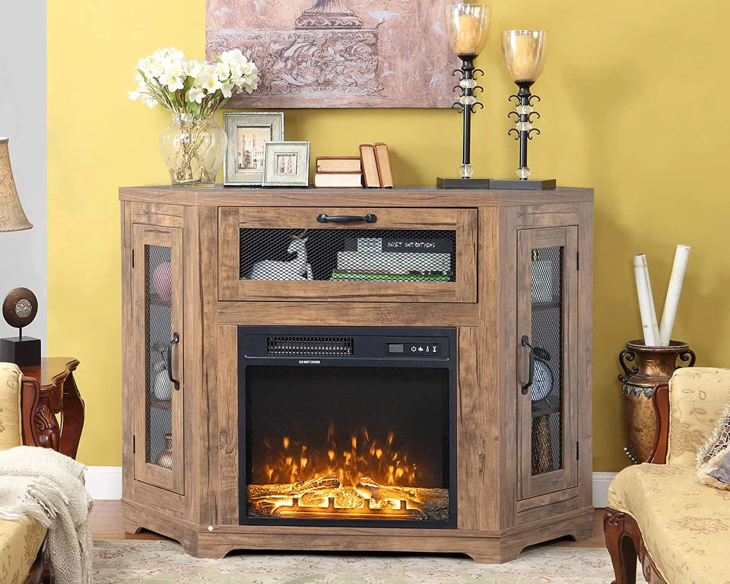 NLIBOOMLife TV Corner Fireplace TV Stand for TVs Up to 50 Inch  Small TV Stand for Bedroom  Living Room  Industrial Metal Mesh Door  Oak Brown