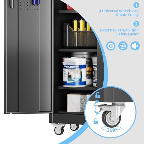 Aobabo Garage Storage Cabinet with Wheels,72" H Metal Storage Cabinet with 2 Doors and 4 Adjustable Shelves for Garage Home, Black,Required-Assembly