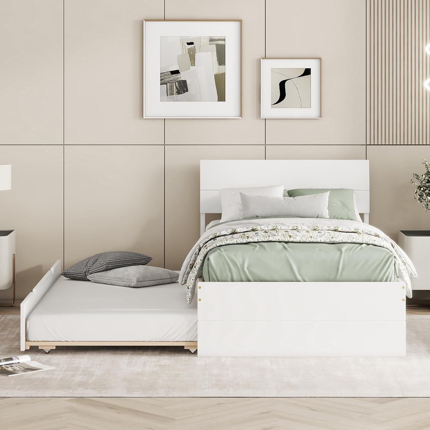 Modern Twin Bed Frame with Twin Trundle for White High Gloss Headboard and Footboard with Washed White Color