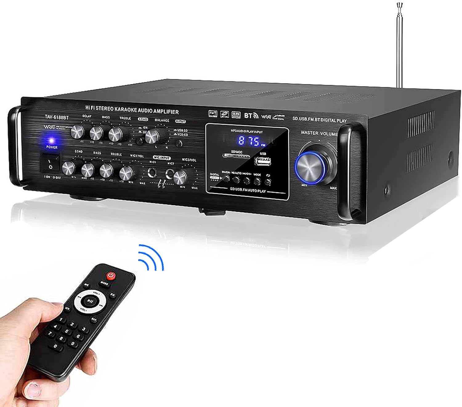Buumin Bluetooth Stereo Power Amplifier Dual Channel Sound Audio Stereo Receiver Home Theater Speaker with FM Radio, MP3/USB/SD, 2 Mic in Echo, RCA, LED for Home Computer