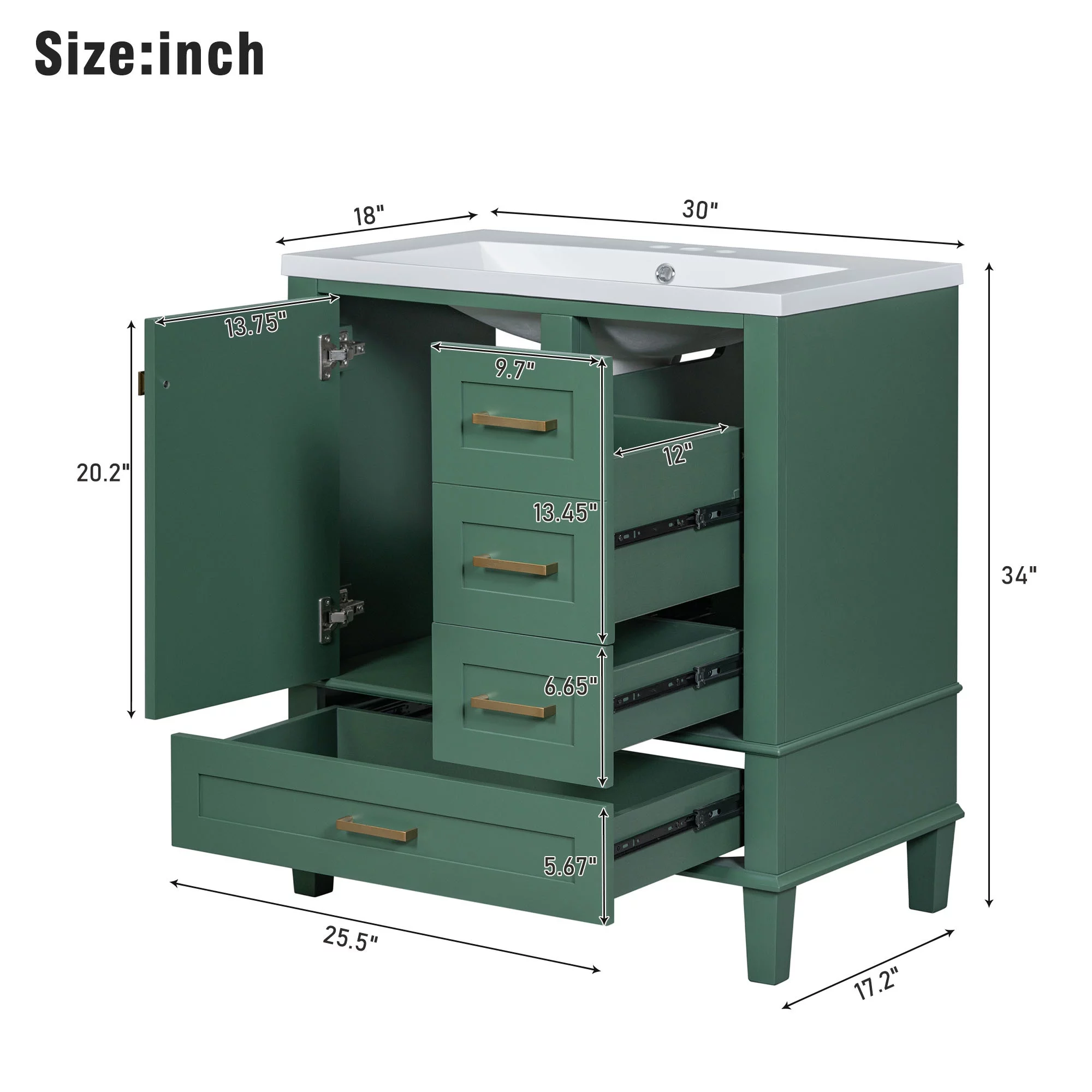 EUROCO 30" Modern Bathroom Vanity Cabinet Solid Wood with Top Basin,Bathroom Storage Cabinet with Soft Closing Door and 3 Drawers,Green