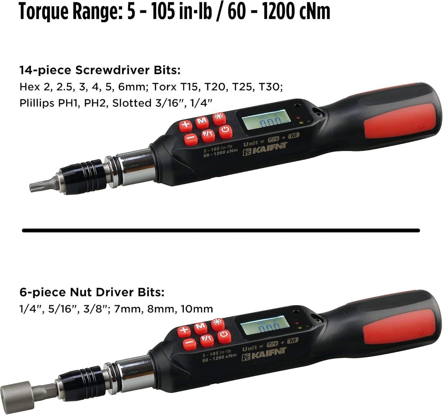 KAIFNT K551 Digital Torque Screwdriver/Wrench Set, 5 to 85 in·lbs, Buzzer/LED Flash Notification, Dual Direction