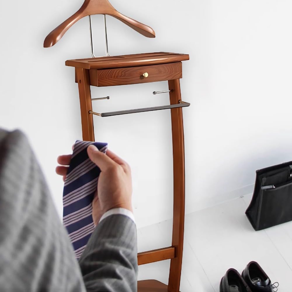 Solid Wood Suit Rack with Pants Bracket, Metal Valet Stand with Heavy Base, Wooden Clothes Valet with Tie Holder, for Living Room, Office, Bedroom 39x30x112.2CM