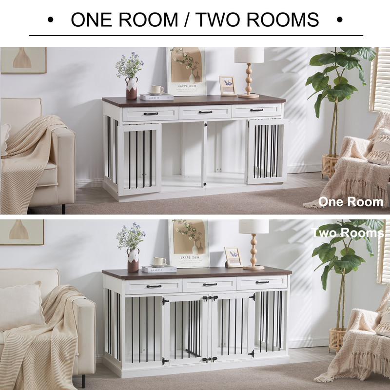 63'' Dog Crate Furniture, Furniture Style Dog Crate Table with 3 Drawers and Removable Divider, Heavy Duty Wooden Dog Kennel for 2 Medium Small Dogs，White - Curated Treasures Market