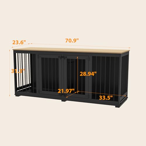 Dog Crate Furniture 71" Heavy Duty Wooden Large Dog Kennel with Trays, Removable Divider, Indoor Furniture Style Dog Crate House W/Double Rooms for Large Medium Small Dogs, White