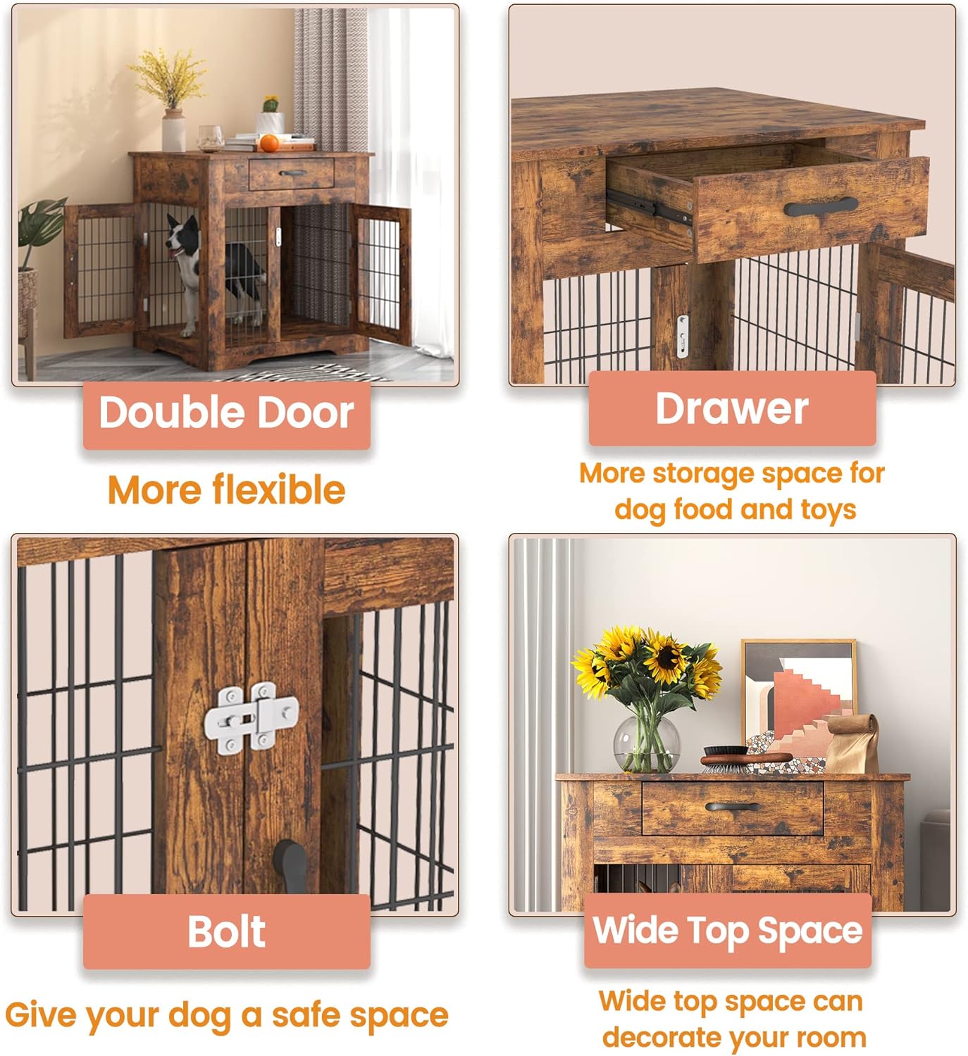 Furniture Style Dog Crate End Table with Drawer, Pet Kennels with Double Doors, Dog House Indoor Use. Rustic Brown, 29.92in W x 24.8in D x 30.71in H.