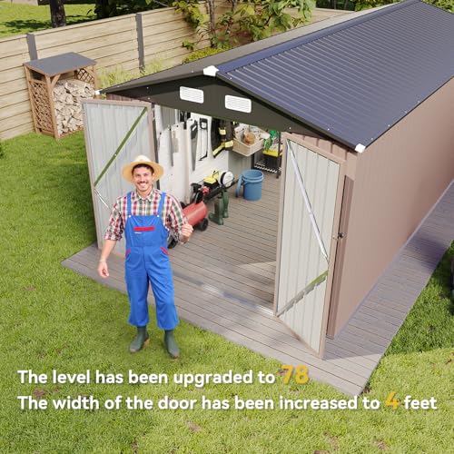 Aoxun 10 x 12FT Outdoor Storage Shed with Double Hinged Large Door Utility Garden Shed with Lockable Door & Sloped Roof Metal Sheds Outdoor Storage for Garden, Backyard, Patio and Backyard, Brown